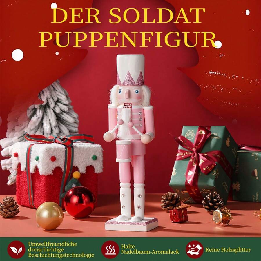 Festliche Atmosphaere Gestaltung 30CM Rosa Kristall Nussknacker Trommler Weihnachten Desktop Deko Figur