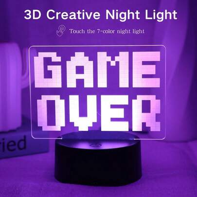 1 pièce Lampe de nuit acrylique 3D créative "GAME OUER", lampe de bureau à illusion d'optique alimentée par USB, lumière d'ambiance CHUMO à 7 couleurs dégradées RVB, convient pour la chambre, les fêtes, la décoration de la salle de jeux, les joueurs, les cadeaux d'anniversaire et de fête