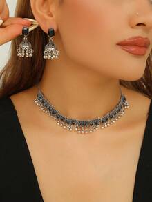 3pcs/Set Vintage Rhinestone Jewelry Set, Traditional Accessory, Includes Beaded Tassel Necklace And Earrings, Suitable For Women's Daily, Festival, Wedding And Party Wear/Jewelry Gift - Multicolor - View 3