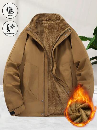 Men's Thermal Lined Jacket, Winter Stand Collar Casual Outerwear With Hook And Loop Cuffs, Windproof Design