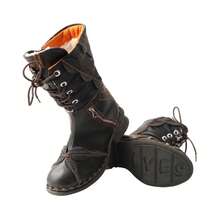 1 par de botas impresas hechas a mano para mujer TMA EYES - Diseño bordado de media pantorrilla, combinado con forro de peluche artificial, adecuado para uso diario retro - Negro - Ver 5