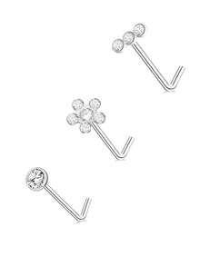 3 piezas Pendientes de nariz, Aros de nariz sólidos de titanio G23 20G en forma de L, con diseños redondo/estrella/corazón con CZ brillante, joyería de piercing de la nariz para mujeres y hombres