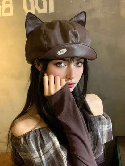 1pc Women's Solid Color PU Cat Ear Shaped Cosplay Beanie Hat, Casual Retro Street Style, Versatile For Outdoor, Skiing, Riding, Travel, Party, Daily Use, Autumn/Winter