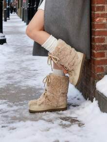 Faux Fur Snow Boots For Women Fuzzy Fluffy Furry Lace Up Mid Calf Boots Winter Warm Fur Boots For Christmas - 杏色 - 查看 8