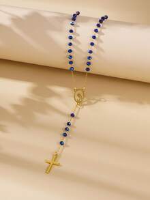 1pc 3mm Glass Virgin Mary Cross Pendant Rosary Necklace, Minimalist European & American Cross Pendant Necklace, Suitable For Women's Daily Wear