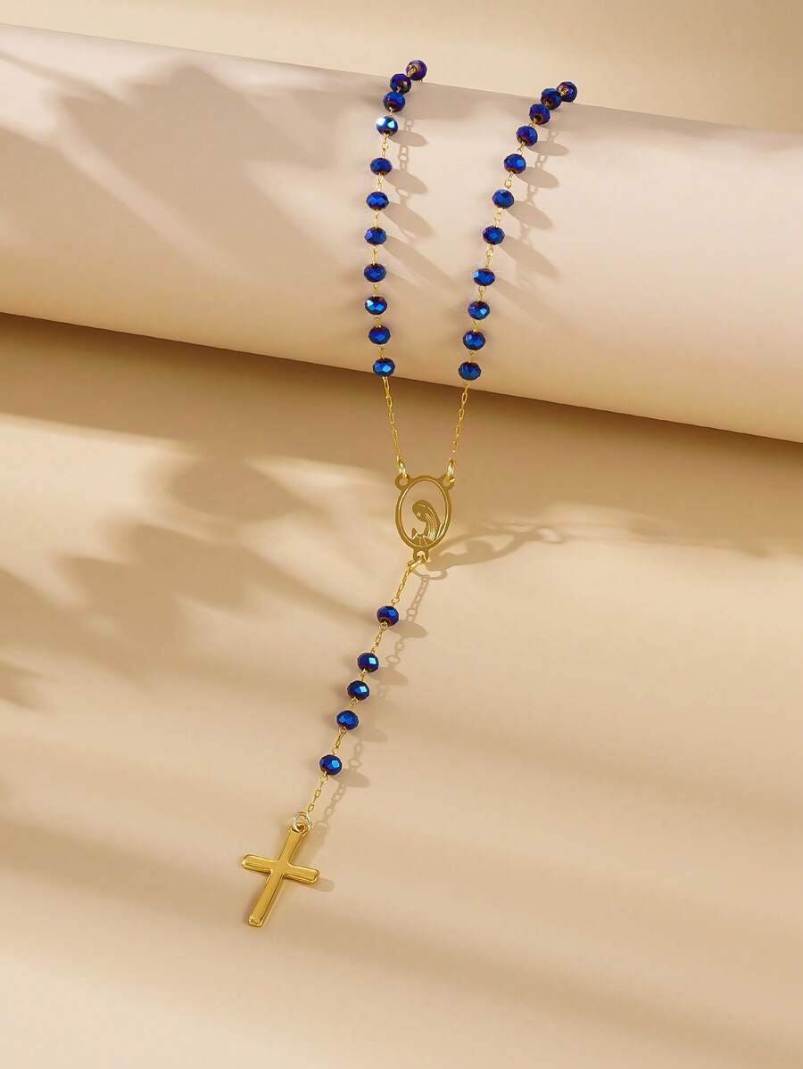 1pc 3mm Glass Virgin Mary Cross Pendant Rosary Necklace, Minimalist European & American Cross Pendant Necklace, Suitable For Women's Daily Wear