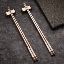 - Palillos reutilizables de acero inoxidable chapados en titanio con soporte, aptos para lavaplatos, juego de palillos ligeros de estilo japons azul - Oro Rosa - Ver 7