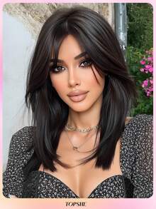 TOPSHE elegante gerade Perücke für Frauen, schwarze 14-Zoll Rosennetzkappe, hitzebeständige Kunstfaser, stufiger Stil hitzeresistente synthetische Flechtperücke, Perücken-Accessoires, für Alltag, Party, Cosplay