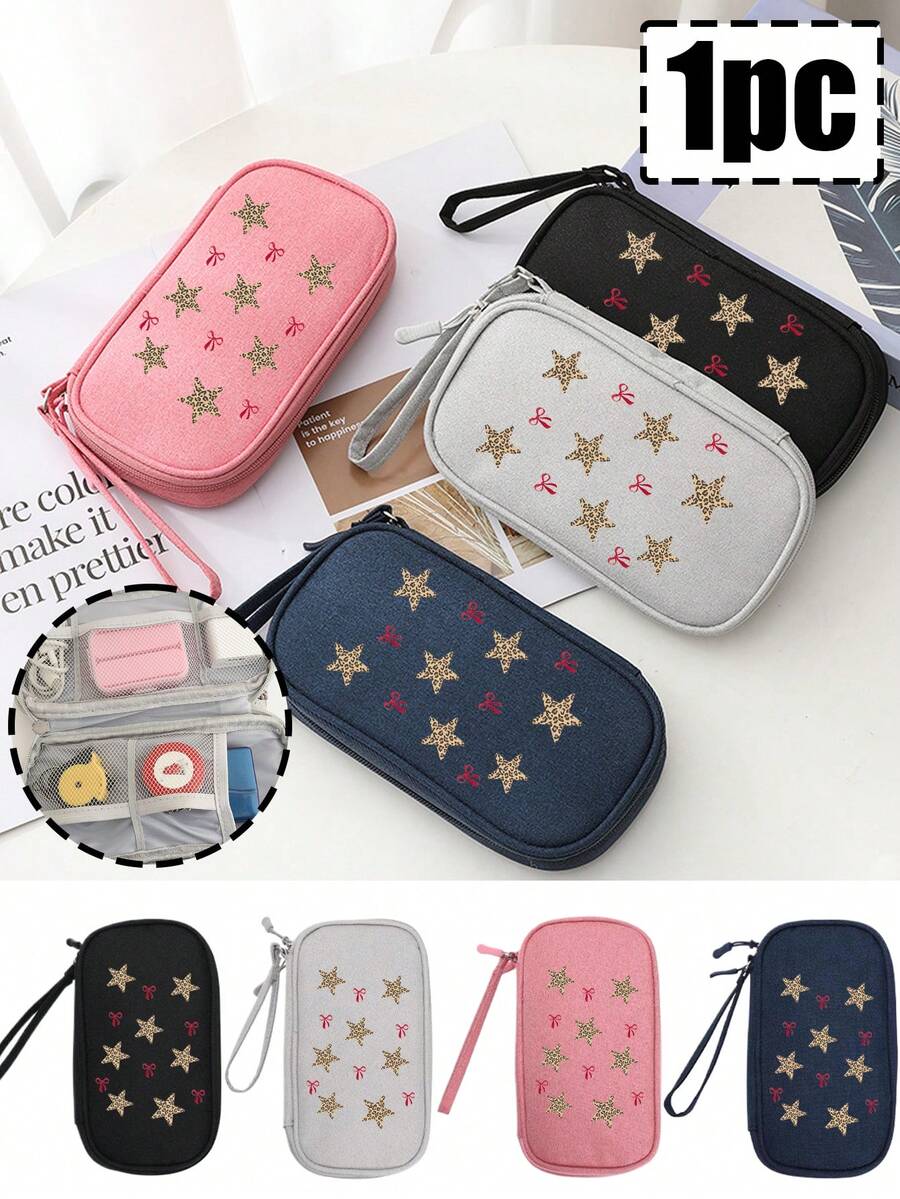 1 pièce Sac de rangement à fermeture éclair à simple couche avec un cordon, imprimé d'un motif d'étoile à cinq branches et d'un nœud rouge. Sac de rangement multifonctionnel, pour câbles de données, écouteurs, sac de rangement portable pour les voyages