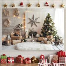 1 Peça Pano de Bottom para Festa com Tema de Natal de Inverno, Árvore de Natal, Presentes, Estrelas, Cabana de Troncos, Padrão Decorativo de Lanternas, Adequado para Decorações Internas, Cabines Fotográficas, Salas de Estar, Quartos, Etc. Decoração de Bottom Festivo para Fotografia Banner de Vinil