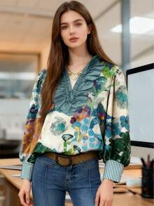 Artistic Watercolor Floral Print Ruffled Casual Shirt With Delicate Ruffled V-Neck And Contrast Neckline For Daily/Office/Home - Nhiều màu - Xem 2