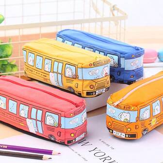 1pc Cute Dog School Bus Canvas Pencil Case, Large Capacity, Adorable School Bus Pattern Pencil Pouch, Student Stationery Bag With Lining