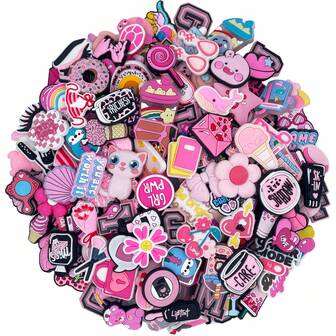 10-100 piezas aleatorias de la serie rosa Dijes DIY para llaveros de zapatos, sandalias, bolsas de playa, Dijes de PVC para zuecos, decoraciones populares de alta calidad, accesorios, excelentes regalos para Navidad, cumpleaños, fiestas