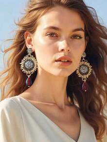 1 Pair Vintage Boho Chic Zirconia Inlaid Sunflower Teardrop Pendant Earrings, Elegant & Versatile Daily Wear Earrings For Women - Sunflower Earrings - View 8