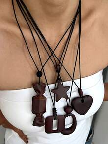 1 pieza Collar ajustable de estilo vintage minimalista bohemio con forma de corazón, estrella, cuadrado, redondo y caramelo de madera, lindo y elegante para mujeres, adecuado para uso diario, viajes, fiestas, superposición, regalo perfecto (longitud ajustable)