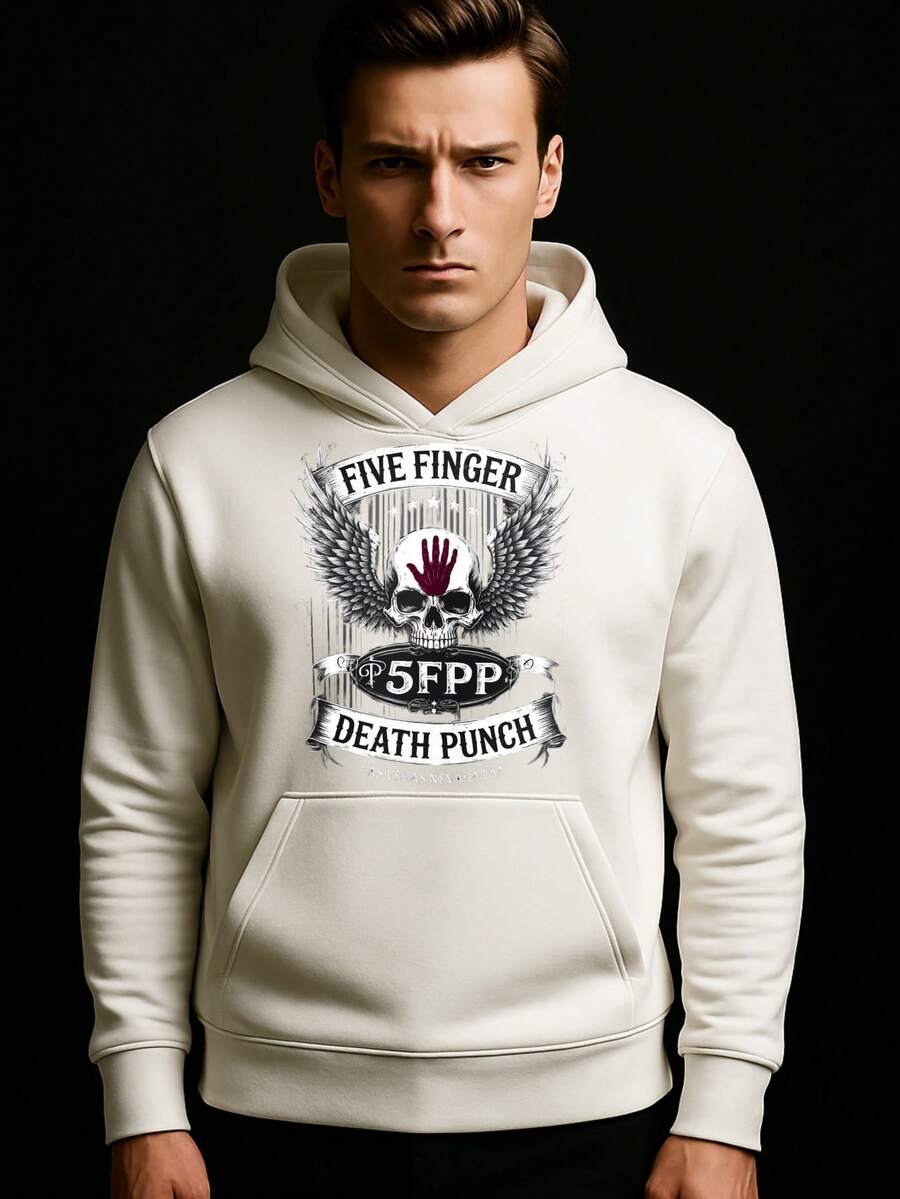 Sudadera con capucha negra con estampado de calavera y alas, estilo casual unisex - Blanco - Ver 1