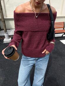 女士休闲舒适浪漫复古现代通勤办公教师纯色圣诞新年针织露肩套头毛衣，适合日常、假日、圣诞节、新年、办公室、约会、街头、旅行、返校、派对、机场、运动健身、海滩、晚间、春季、秋季、冬季穿着。 - 酒紅色 - 查看 1