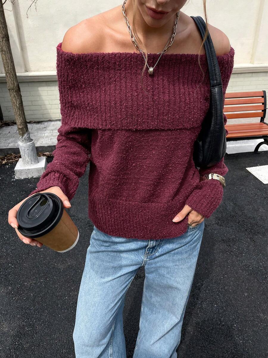女士休闲舒适浪漫复古现代通勤办公教师纯色圣诞新年针织露肩套头毛衣，适合日常、假日、圣诞节、新年、办公室、约会、街头、旅行、返校、派对、机场、运动健身、海滩、晚间、春季、秋季、冬季穿着。 - 酒紅色 - 查看 1