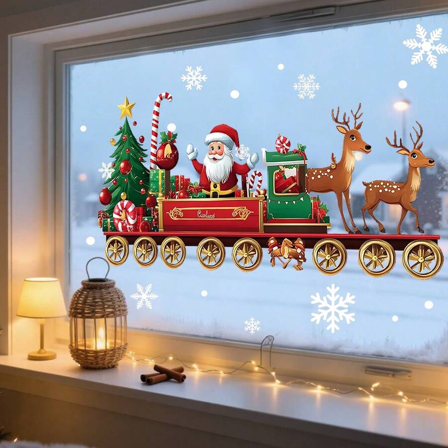 1/3 件圣诞老人驾驶火车静态窗户厨房或客厅装饰美化玻璃贴纸乙烯基贴花冬季主题圣诞派对礼物 - 彩色 - 查看 1