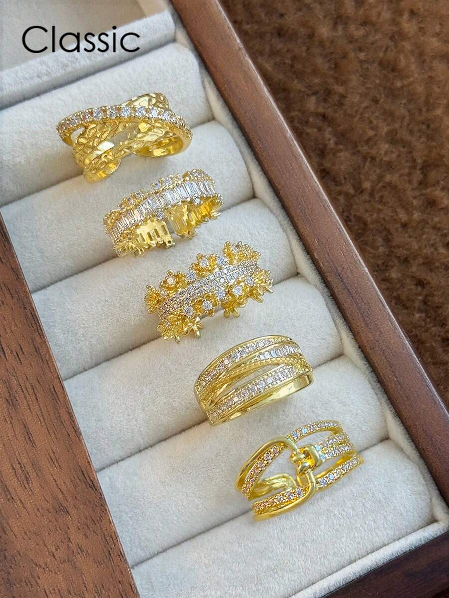 5pcs Fashion Cubic Zirconia Open Copper Rings Set, Suitable For Women's Wedding, Party, Holiday Gift (Gift Box Not Included)