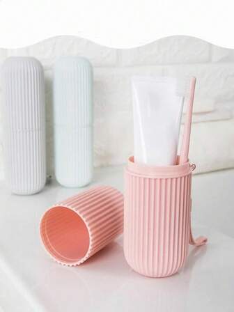 1 st enfärgad vertikalrandig reset med tandborstehållare, inkluderar tandborstehållare med lock, sköljkopp, förvaringslåda för tandkräm och tandborste, lämplig för dagligt bruk och resor, badrumsinredning, skolstart, höstdekor