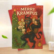 1pc Vintage Christmas Card - Krampus Holiday Greetings, With Inspired Red & Green Design - Suitable For Christmas Parties, Gifts, And Unique Seasonal Decor - Includes Envelope - Great For & Holiday Celebration Fans, Christmas Decorations, Best For Christmas