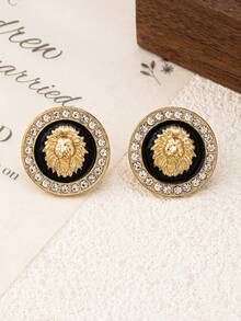 1 Pair Fashionable European & American Design Enamel Inlaid Pearl & Rhinestone Round Earrings, High-End Chic Stud Earrings For Women