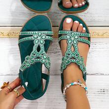 Bohemian Rhinestone Embellished Flat Sandals For Women – Open-Toe T-Strap Design With Shimmering Crystal Accents, Comfortable Elastic Back Strap, Perfect For Summer Beach, Vacation, Casual Outings And Evening Events, Lightweight Footwear To Elevate Your Warm-Weather Style - 綠色 - 查看 12