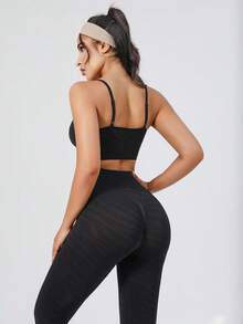 1 Set Spring/Summer/Autumn/Winter Yoga Sports Fashion Outfit, 2-In-1 With Built-In Cup Holder, Casual Layering Camisole & 3/4 Leggings, Outdoor Cycling Women Apparel, Solid Color Seamless Fitted Set - Black - View 4