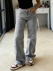 MYOURSA Dam Casual Distressed Vintage Straight Leg Jeans Vår - Ljusgrå - Visa 3