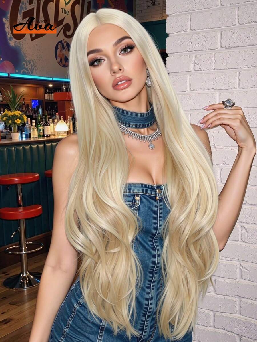 Blonde 32 Inch Long Straight Hair Wigs Curly Wave Wig No Lace Front Synthetic Heat Resistant Wigs For Women Girls For Daily Party Halloween Use Fashion Hair Wigs Perfect Festivals Gifts For Ladies - Vàng - Xem 1