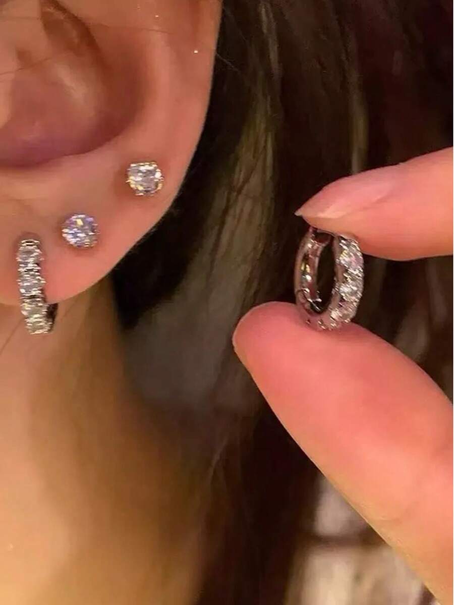 4pcs/Set Minimalist Side Zirconia Stone Stud Earrings, Versatile For Birthday Party, Date, Girlfriend Gift Or Daily Wear, Elegant Jewelry