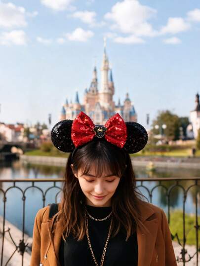 1 pieza Diadema con orejas de ratón de dibujos animados brillante con decoración de lentejuelas, diadema con orejas de Mickey y Minnie Mouse con lentejuelas, diadema con orejas de Minnie Mouse con diseño de lazo, adecuada para fiestas de estudiantes, disfraces