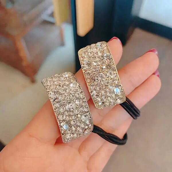 1 قطعة/2 قطعة شريط رأس مرصع بالراين - شريط رأس معدني لامع مع شريط مطاطي أسود، حامل ذيل حصان عالي المرونة، مناسب للنساء، هدية عيد الحب، إكسسوار شعر متعدد الوظائف، تصميم بسيط، شريط رأس متين