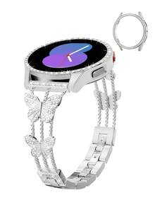 Huastonband 2件組 BlingBling 2合1 亮晶晶水晶鑽無螢幕防撞保護殼與蝴蝶造型金屬可調式錶帶，鑲嵌亮晶晶水晶鑽，相容 Galaxy Watch 3/4/5/6 Galaxy Watch 7 40mm 44mm 45mm，易安裝拆卸，年輕時尚女性銀色智慧手錶錶帶 - 銀色 - 查看 3