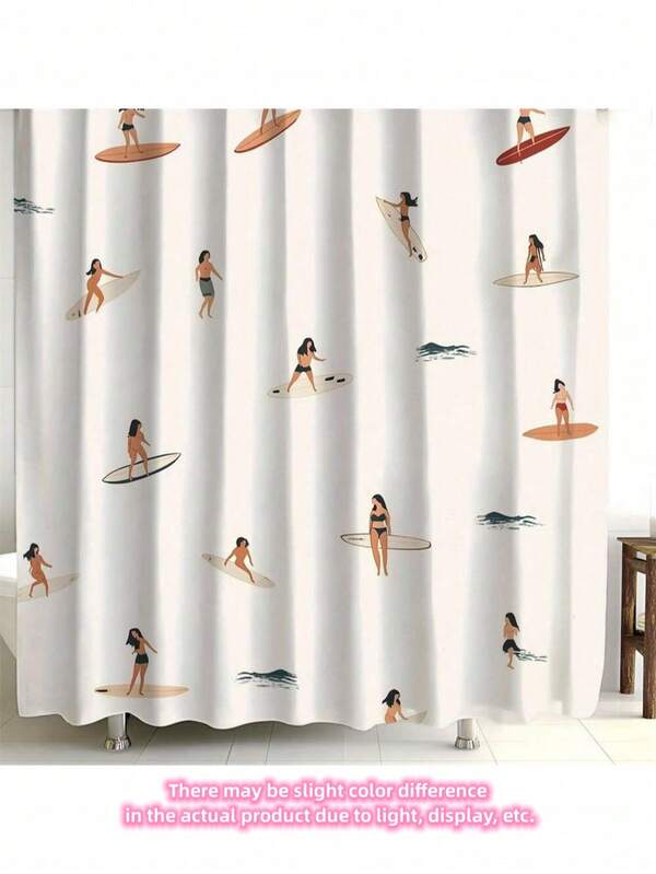 Retro Surf Print Waterproof Shower Curtain, With 12 Hooks Curtain For Bathroom Polyester Woven Curtain, Machine Washable, Art Deco Theme For Bathroom And Window, Bathroom Curtains | Decorative Shower Curtains | Polyester Fabric, Bathroom Shower Curtain Set Bathroom Decor