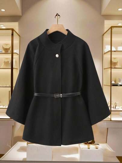 Plus Size Women Solid Color Poncho Jacket & Belt, Fashionable Casual Commuter Versatile Outfit For Office, Outing, Airport, Travel, Autumn/Winter