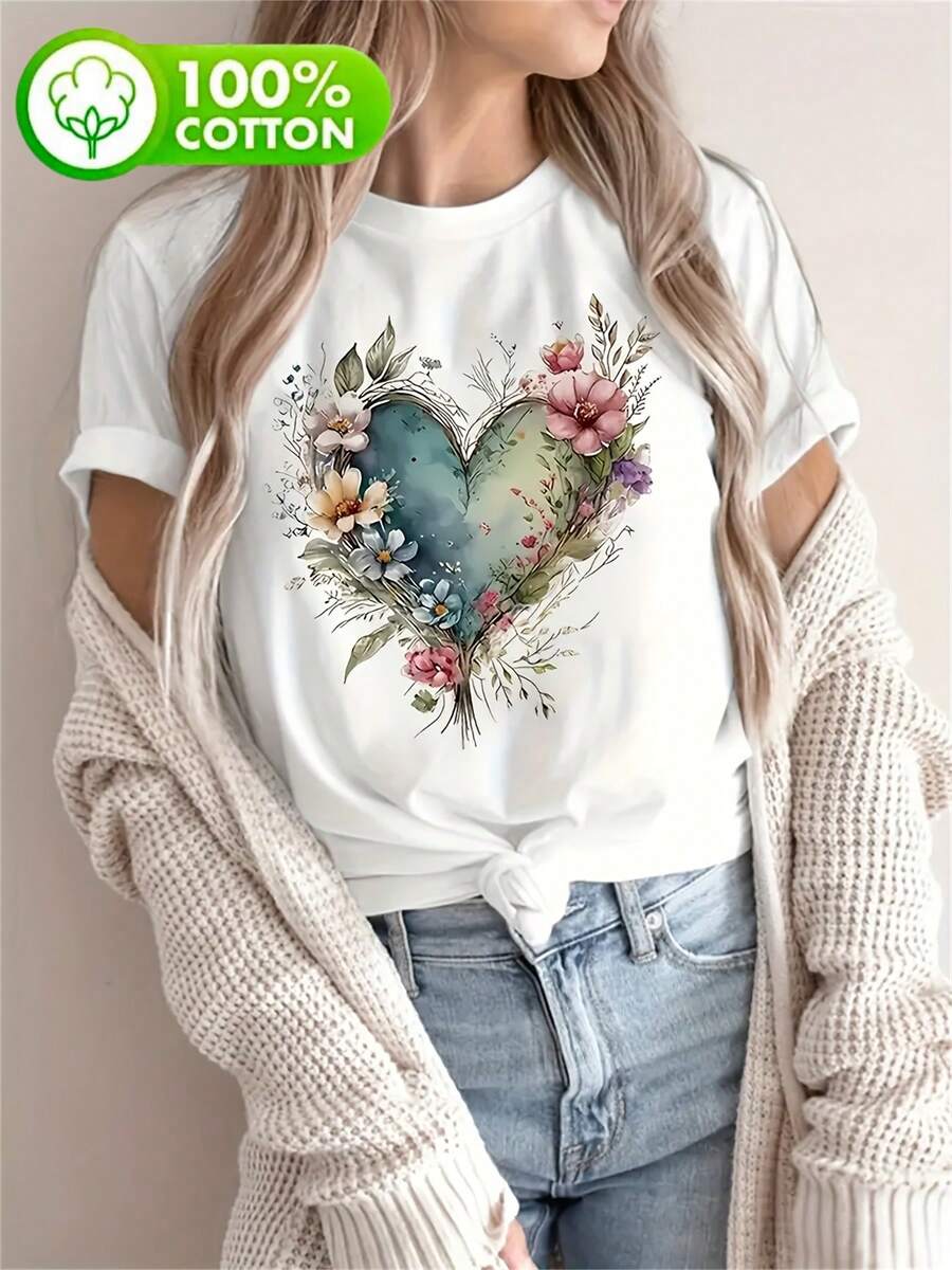 Camiseta Elegante de Talla Grande con Estampado de Corazones y Flores - Cuello Redondo Casual, Top de Manga Corta para Mujer, RONG REN HUI - blanco - Ver 1