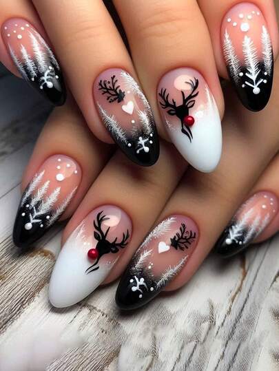 24 pezzi Unghie natalizie adesive a mandorla, unghie Y2K di media lunghezza, rosa moda sfumata con glitter, motivi geometrici, fiocchi di neve, cuori, renne natalizie, pois rossi, con brillantini, riutilizzabili, con 24 pezzi di linguette in gel e una mini lima inclusi