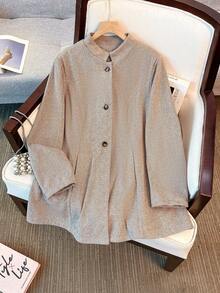 Plus Size Women Herringbone Pattern Woolen Fabric Stand Collar Single-Breasted Long Sleeve Mid-Length Blazer Jacket, Suitable For Commuting, Daily Wear, Dates, Airport In Autumn/Winter - Brown - View 3