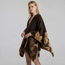 Women's Warm Shawl Wrap Cape Winter Cardigan Sweaters Open Front Poncho - X3-棕色(花) - 查看 3