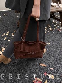 1pc FEISTURE Faux Suede Large Capacity Belt Buckle Shoulder Bag, Fashion Tote Bag, Zipper Closure, Suitable For Daily Outing, Dating, Commuting
