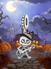 1 pieza Encantador colgante de plata de ley 925 con diseño de esqueleto tocando guitarra, montado en escoba, búho, bruja y dulces de Halloween, adecuado para hacer pulseras, brazaletes y joyería DIY de mujer