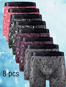 8-Piece Men's Boxing Shorts, Fun Pattern Printed Men's Four-Way Briefs, Fashionable Comfortable Quick-Drying Thin Men's Long-Way Briefs, Sports Men's Boxer Briefs, Suitable For Christmas, Halloween, All Seasons To Wear, Boyfriend Gift.