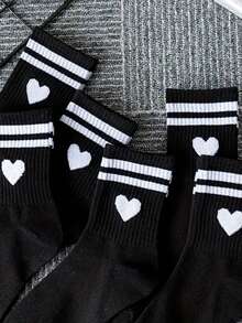 6 Pares de Meias Minimalistas Preto e Branco com Design de Alienígena, Adequadas para Esportes e Uso Diário, Todas as Estações