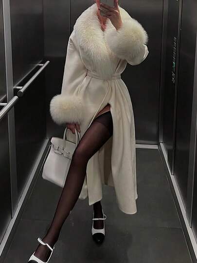 优雅时尚简约商务女士外套，纯色腰带仿毛皮拼接长款大衣，女士冬季外套