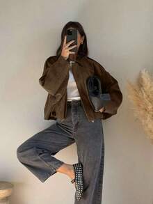 Women's Regular Faux Suede Long Sleeve Single-Breasted Loose Casual Jacket, Suitable For Spring Wear Women's Pocket Metal Button Short Military Green Jacket, Suitable For Spring And Autumn Wear - Brown - View 3