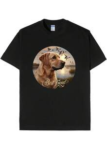 Herren T-Shirt Best Friend Hunting Labrador - Schwarzes Shirt Mit Goldenem Schriftzug, Outdoor-Hundeliebhaber-Tee Für Jagdausflüge, Lässige Sommerkleidung – Maschinenwaschbar, Wochenend-Outfit, Landschaftliches Design, Atmungsaktives Material, Hundethemen-Kleidung, Langlebiges Material