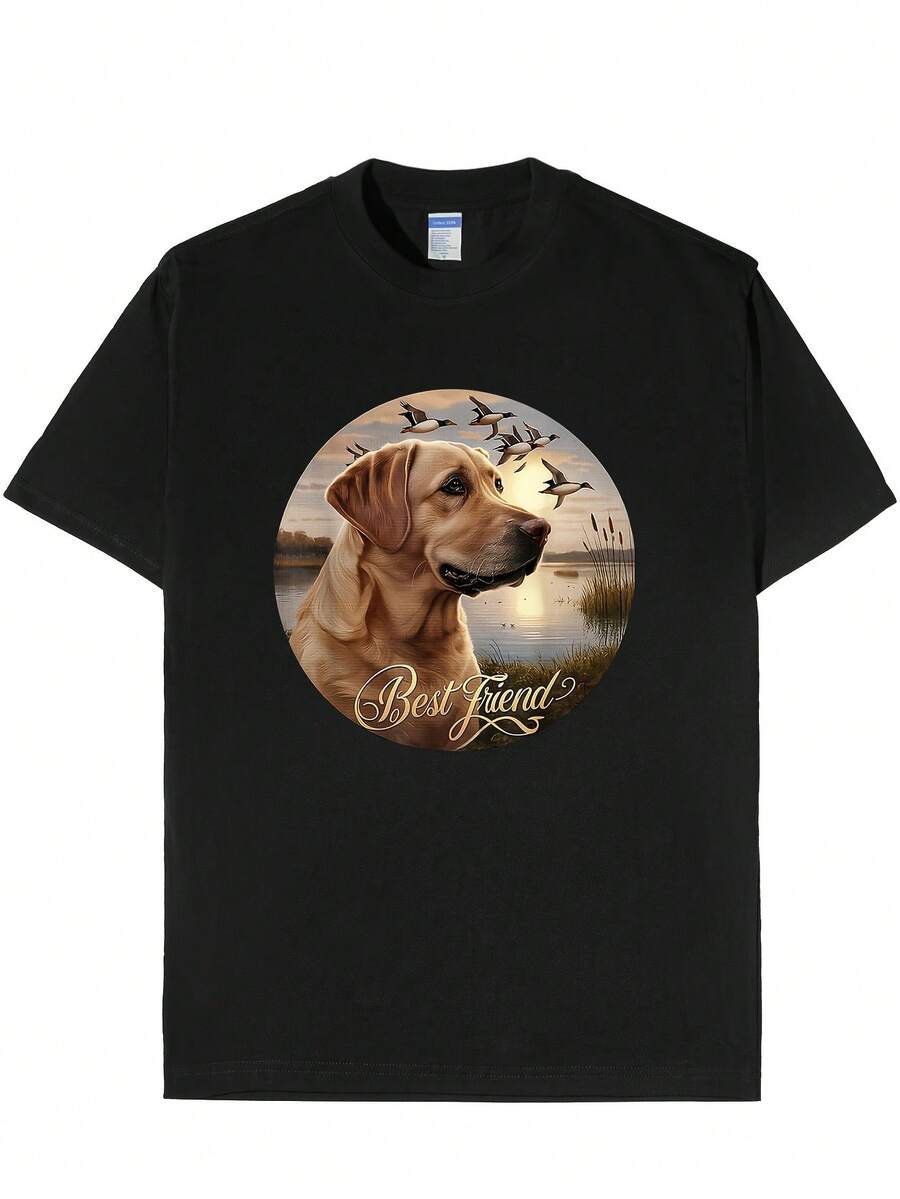 Herren T-Shirt Best Friend Hunting Labrador - Schwarzes Shirt Mit Goldenem Schriftzug, Outdoor-Hundeliebhaber-Tee Für Jagdausflüge, Lässige Sommerkleidung – Maschinenwaschbar, Wochenend-Outfit, Landschaftliches Design, Atmungsaktives Material, Hundethemen-Kleidung, Langlebiges Material