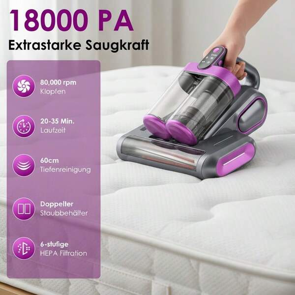 Deboola Aspirador de acaros sin cable para colchones - Aspirador de colchones de 18Kpa con luz UV-C de 253.7nm, aspirador de acaros con filtro HEPA, aspirador de mano